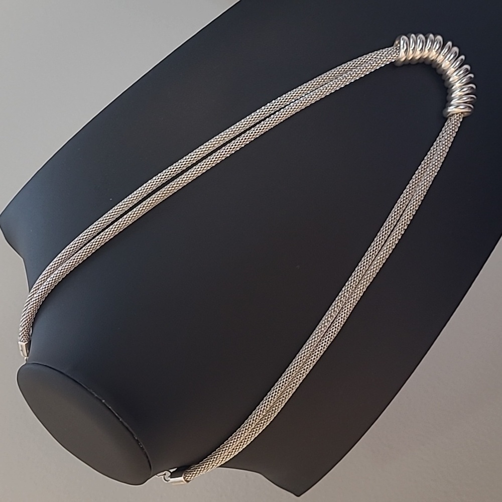 Serpentine bi-strand silver-tone necklace w/ silver-tone ring pendants - Picture 8 of 10